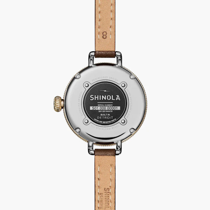 Shinola, Birdy 34mm Mother of Pearl Dial Double Whiskey Brown Leather Wrap
