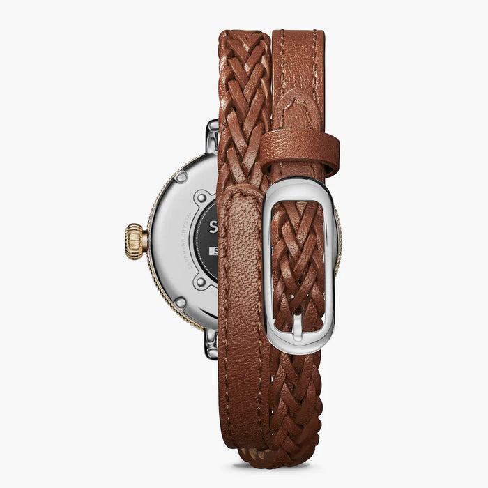 Shinola, Birdy 34mm Mother of Pearl Dial Double Whiskey Brown Leather Wrap