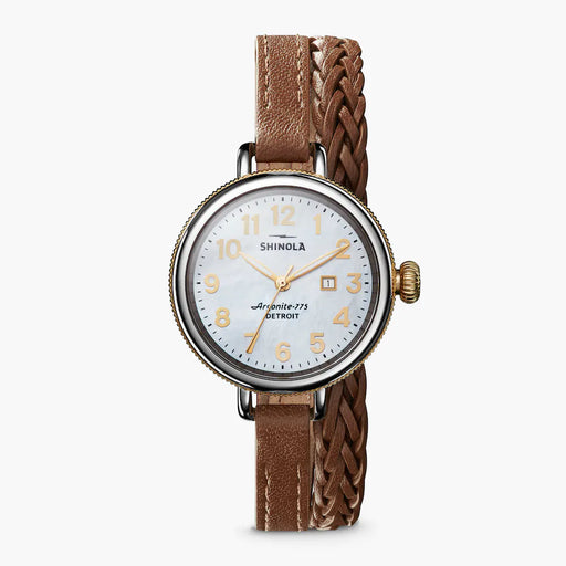 Shinola, Birdy 34mm Mother of Pearl Dial Double Whiskey Brown Leather Wrap