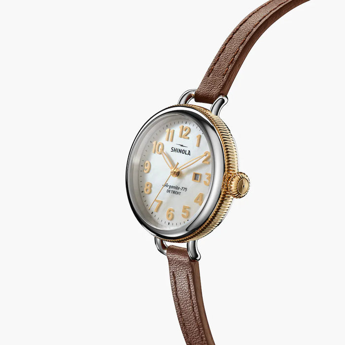 Shinola, Birdy 34mm Mother of Pearl Dial Double Whiskey Brown Leather Wrap