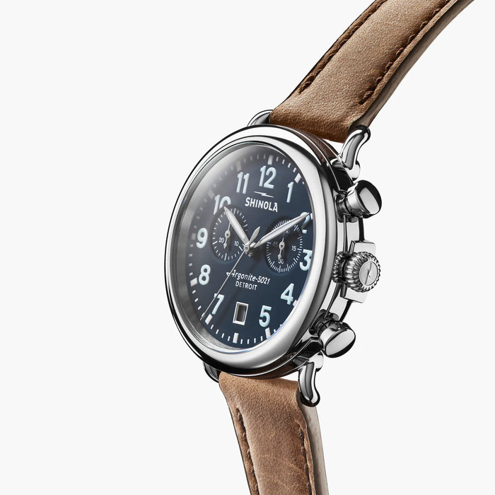 Shinola, The Runwell 2 Eye Chrono 41mm Midnight Blue Dial Tan Leather