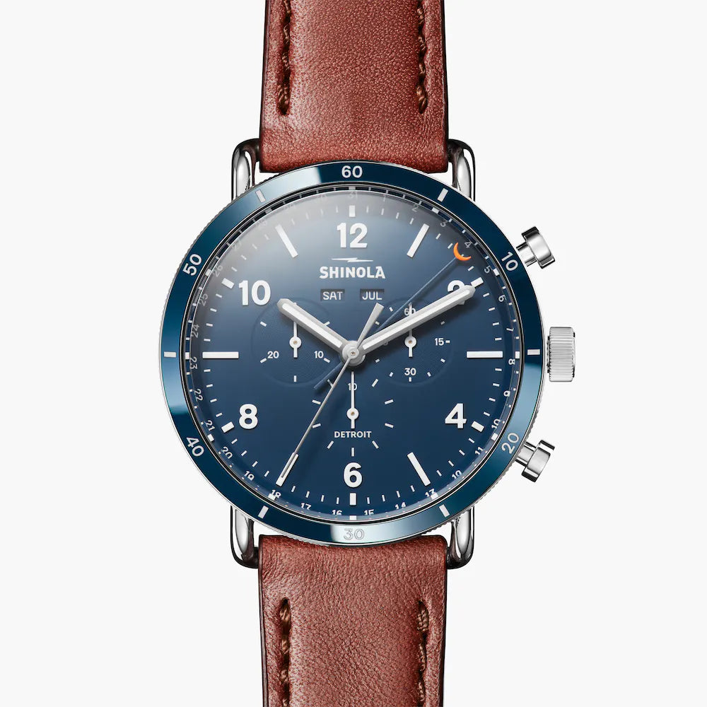 Shinola, The Canfield Sport 45mm Midnight Blue Dial Dark Brown Cognac Leather