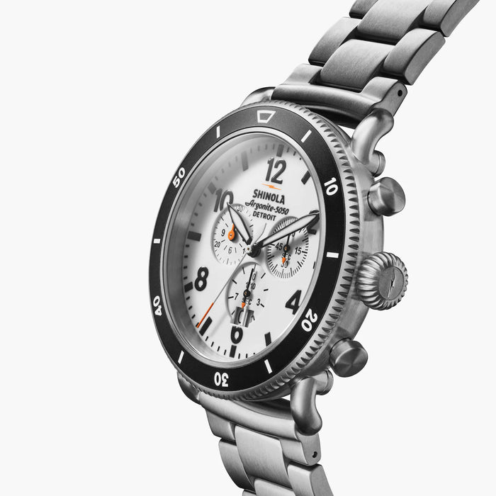 Shinola, The Runwell Sport Chrono 48mm White Hurricane Dial SS Bracelet