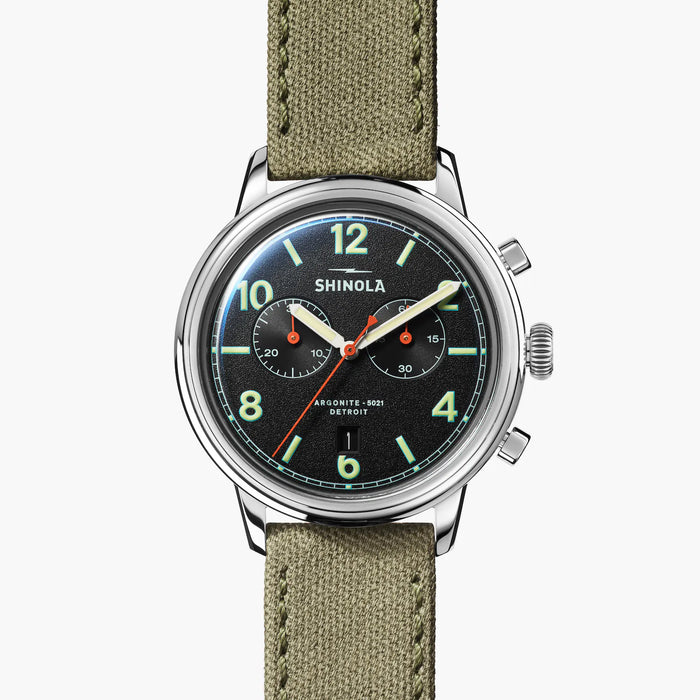 Shinola, The Traveler 42mm Black Dial Green Canvas Strap