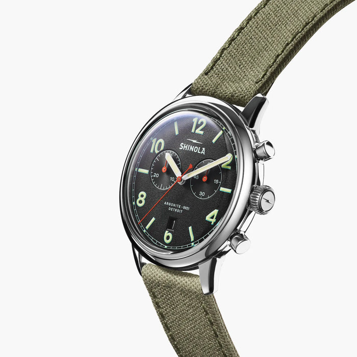 Shinola, The Traveler 42mm Black Dial Green Canvas Strap