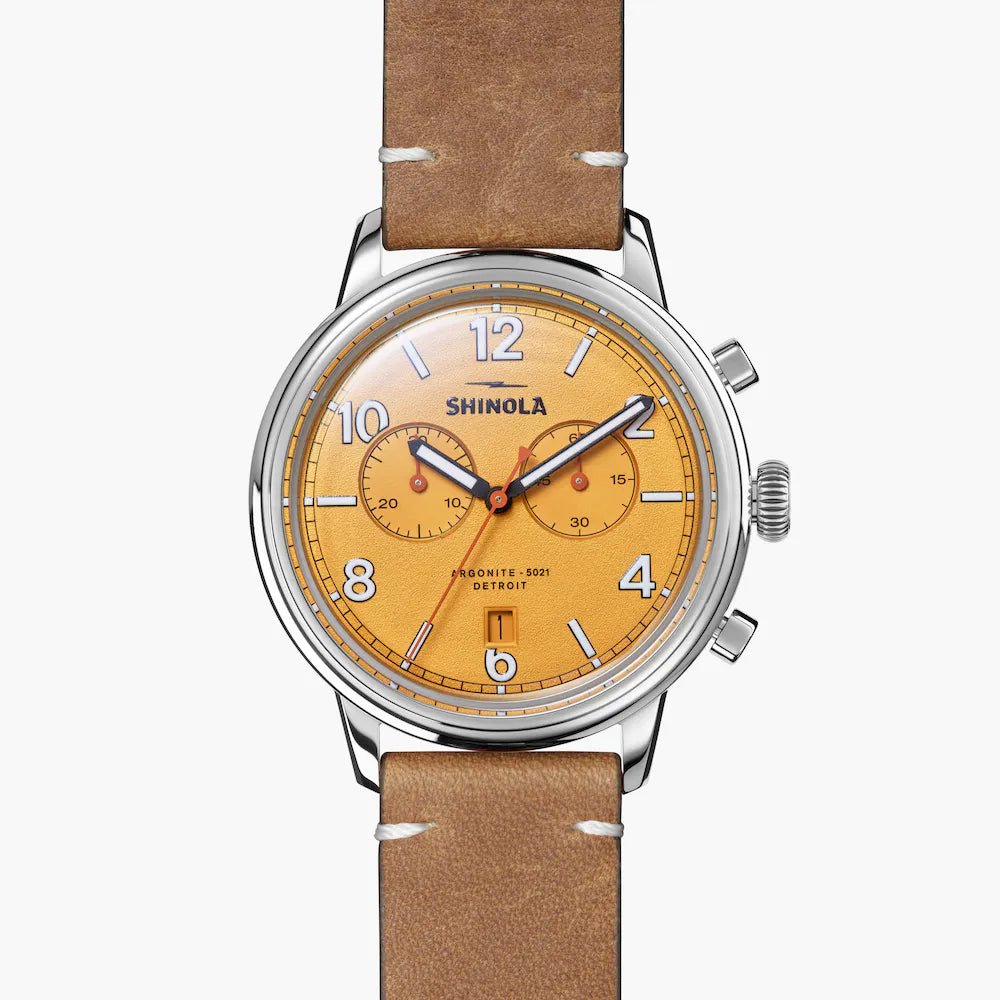 Shinola Shinola, The Traveler 42mm Orange Dial British Tan Leather - Time After Time Watches
