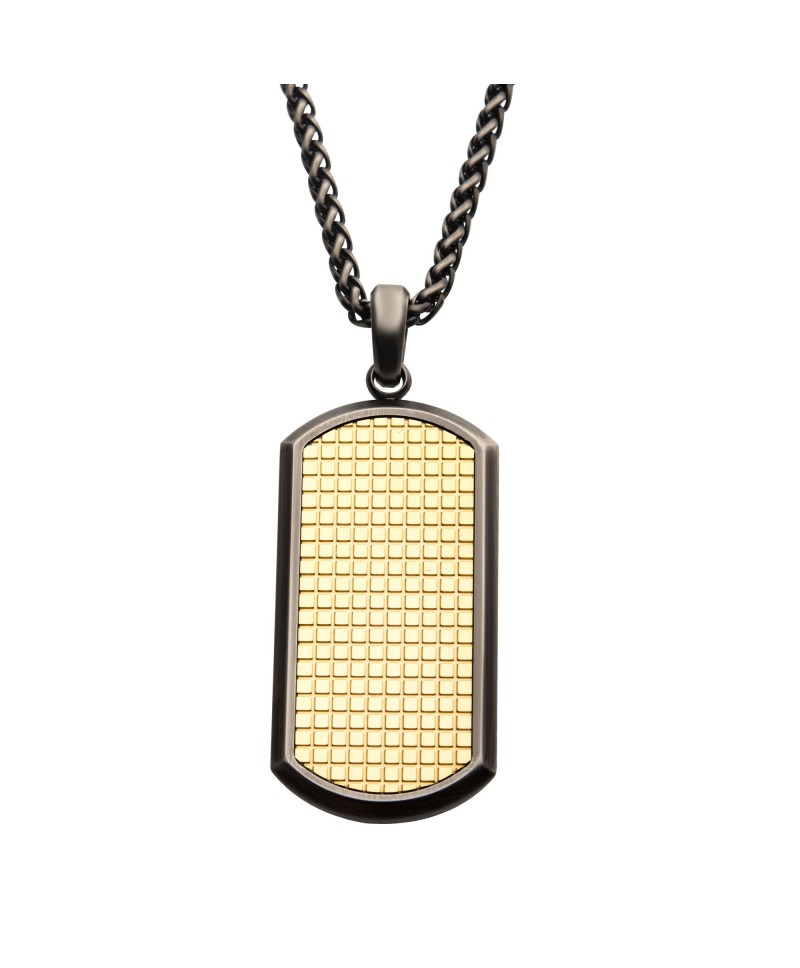 18K Gold Plated Grid Inlay Dog Tag Pendant w/Black Plated Wheat Chain
