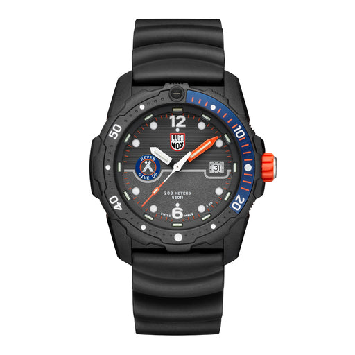 This simple design of the Bear Grylls Collection simplifies the display to only the time and day date so that there's never nay confusion. Also, the second numerals and markers are prominent allowing for precision timing as well. The blue, orange, and black color scheme is a clear way to pay homage to the influences responsible for its creation.