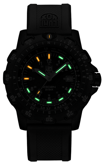 This image is of the watch in darkness to showcase the luminescence of the hour markers, except for at 3 where the day date is visible when it is light, and hands to allow for maximum visibility in pitch black darkness as well as daytime.