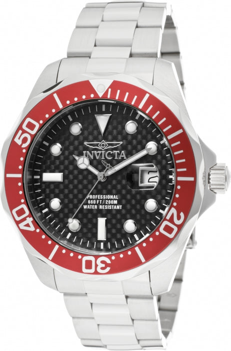 Men's Invicta carbon Fiber dial, Pro diver, red bezel. White markers adorn the face of this watch and the date wheel rests at the three o'clock marker with a screw down crown to ensure maximum water resistance.  