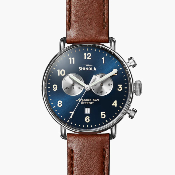 Shinola, Canfield Chrono 43mm Blue Dial Brown Leather