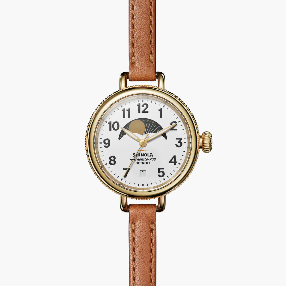 Shinola, Birdy 34mm Moon Phase White Dial Bourbon Leather