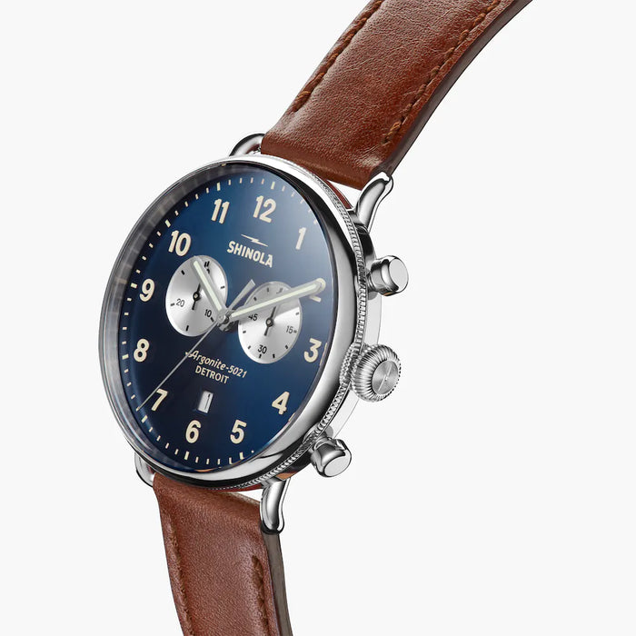 Shinola, Canfield Chrono 43mm Blue Dial Brown Leather