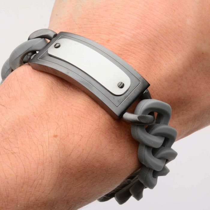 INOX INOX Gray Silicone Curb Bracelet with Stainless Steel & Gun Metal Finish ID Style Buckle BRRARB19GY - Time After Time Watches