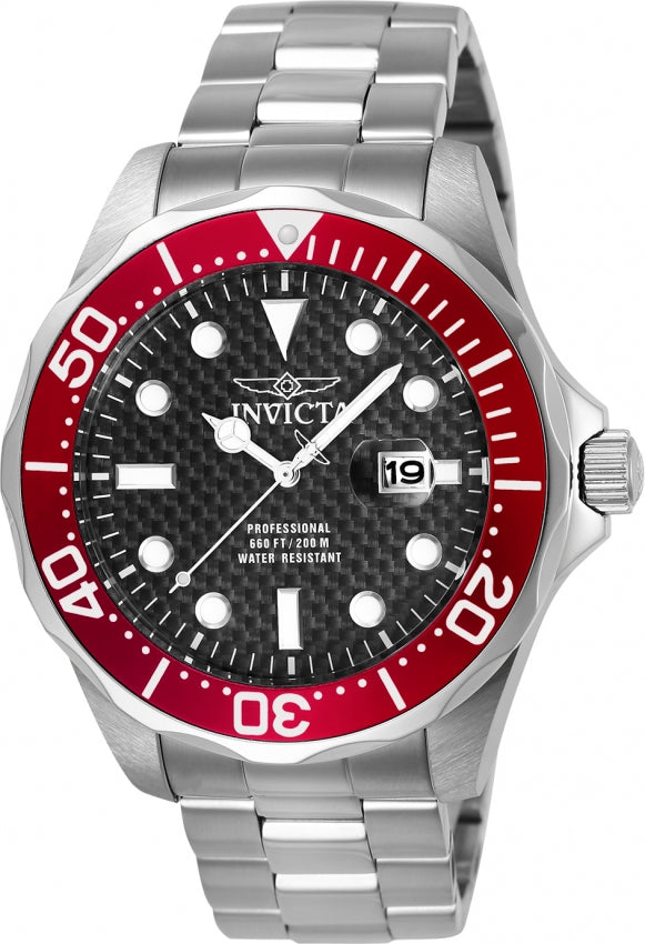 Men's Invicta carbon Fiber dial, Pro diver, red bezel. White markers adorn the face of this watch and the date wheel rests at the three o'clock marker with a screw down crown to ensure maximum water resistance.  