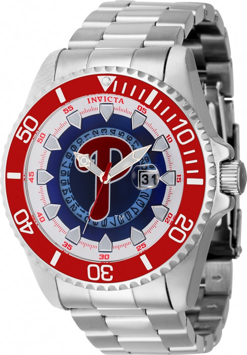 Men's Phillies Invicta MLB Collection watch. red rotating bezel, colorful dial with red white and blue accents to represent the teams colors. date wheel placed at the 3 oclock marker and intricate details to reflect that of a baseball around the markers. Stainless steel band and stainless steel casing.