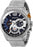 Invicta Men's Aviator Silver tone with a textured blue dial. This model has orange accents in the chronograph and at the top button of the casing that controls the chronographs. markers spread across the dial, with an Arabic 12 at the 12 hour marker. date wheel is stationed at the 3 oclock.  