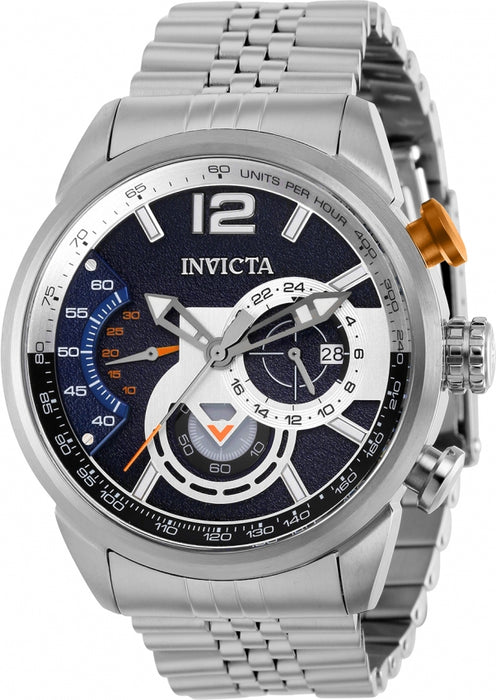 Invicta Men's Aviator Silver tone with a textured blue dial. This model has orange accents in the chronograph and at the top button of the casing that controls the chronographs. markers spread across the dial, with an Arabic 12 at the 12 hour marker. date wheel is stationed at the 3 oclock.  