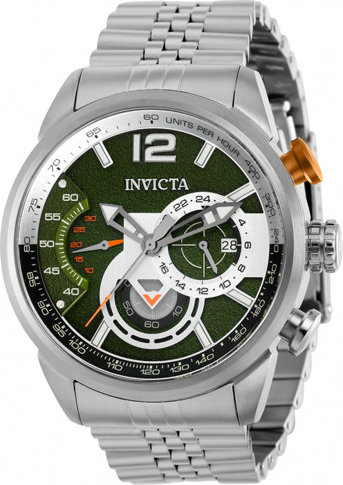 Invicta Men's Aviator Silver tone with a textured green dial. This model has orange accents in the chronograph and at the top button of the casing that controls the chronographs. markers spread across the dial, with an Arabic 12 at the 12 hour marker. date wheel is stationed at the 3 oclock.  