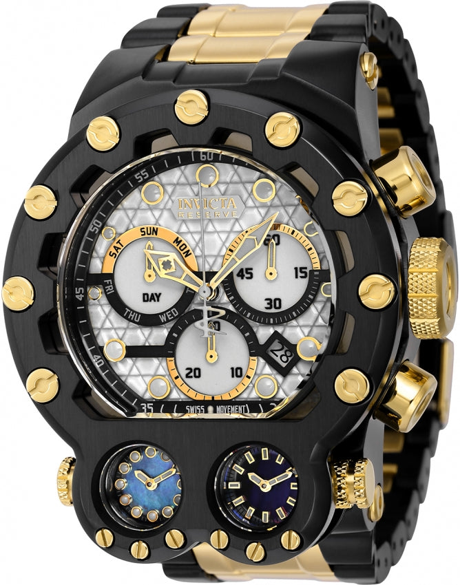 Invicta Men's Reserve Magnum Tria Automatic Black and Gold toned model. Date wheel is placed between the 4 and 5 oclock marker, 2 sub dialed clocks placed at the base of the dial, with stems on each side to controls the dials that can be used for alternate timezones. Automatic piece that runs off the movement of the wrist. 