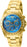 Men's Connection Invicta watch has a blue mother of peral dial and rests on a gold colored stainless steel band. Accompanied by a divers style bezel, rotating chronographs, gold marks and subdials, date wheel in between the four and five o'clock markers and a screw down crown for maximum water resistance. 