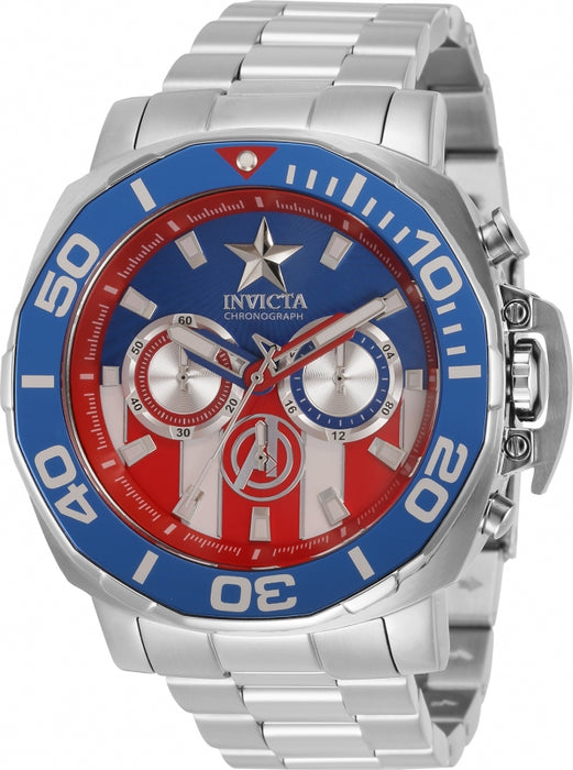 Men's Invicta Captain America Watch. Dial designed after the signature markings of that of captain america's uniform. The divers style bezel in a beautiful shade of bright blue accents the shiny stainless steel band. Working chronographs sit at the 3, 6 and 9 oclock markers, made functional by the buttons located above and below the stem and crown on the right side of the bezel. 