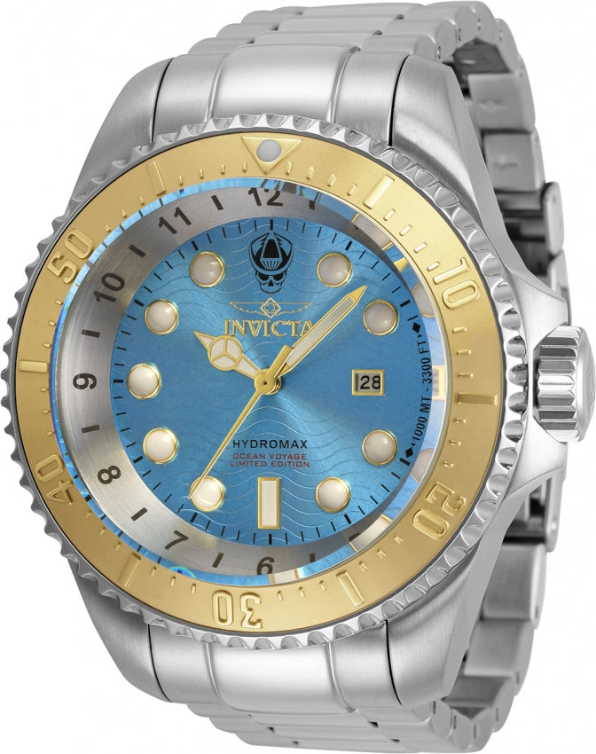 Men's hydromax Light Blue Dial, Gold bezel and subtle gold accents in the face. Stainless steel band and casing with a rotating bezel and screw down crown for maximum water resistance capabilities. 