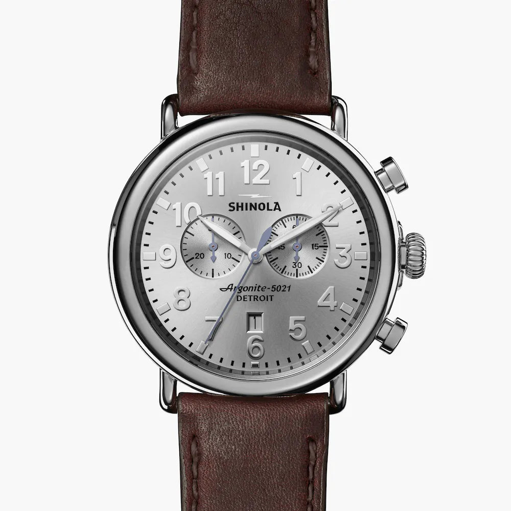 Shinola Shinola, The Runwell 47mm Silver Dial Brown Leather - Time After Time Watches