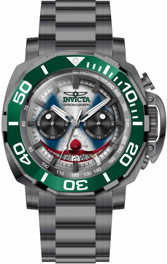 Men's Invicta Joker Watch, Details of the characters iconic face and rotating green divers style bezel stands out among the rest. A dark grey Stainless steel band and casing shows off the details of the dial more vibrantly. The stem and crown has a protective cover to ensure the water resistance of this watch accompanied by working chronograph features of the characters eyes on the dial. 