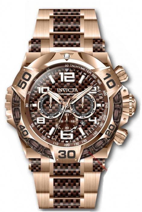Invicta Men's Copper town casing and brown dial. Chronograph style, arabic numbers placed at the 12, 2, 4, 6, 8, & 10. Luminescent hands and markers across the face. the date wheel was placed between the 4 and 6 oclock marker.