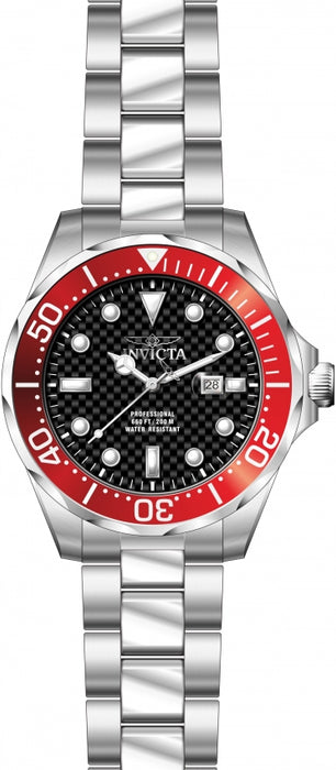 Men's Invicta carbon Fiber dial, Pro diver, red bezel. White markers adorn the face of this watch and the date wheel rests at the three o'clock marker with a screw down crown to ensure maximum water resistance.  