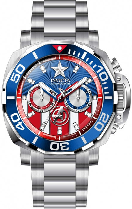 Men's Invicta Captain America Watch. Dial designed after the signature markings of that of captain america's uniform. The divers style bezel in a beautiful shade of bright blue accents the shiny stainless steel band. Working chronographs sit at the 3, 6 and 9 oclock markers, made functional by the buttons located above and below the stem and crown on the right side of the bezel. 