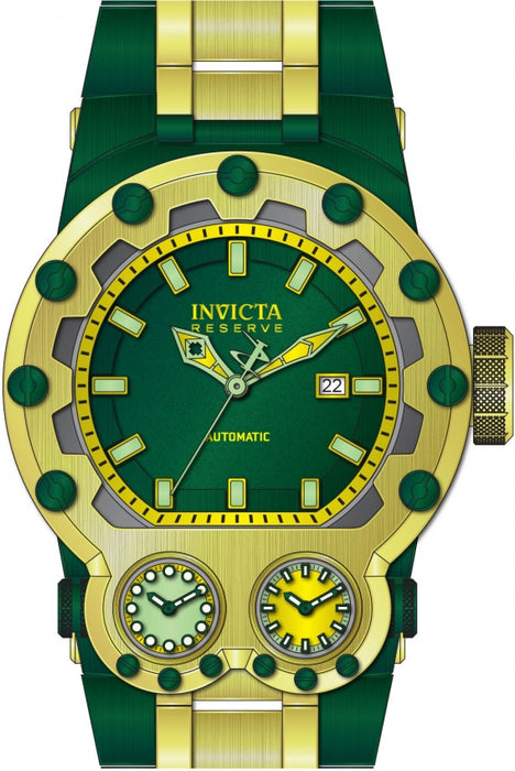 Invicta Men's Reserve Magnum Tria Automatic Green and Gold toned model. Date wheel is placed at the three oclock marker, 2 sub dialed clocks placed at the base of the dial, with stems on each side to controls the dials that can be used for alternate timezones. Automatic piece that runs off the movement of the wrist. 