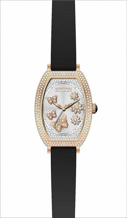 Ladies Quartz Wildflower Rose IP Case Black Satin Band. Rose gold pvd casing adorned with stones and beautiful artwork of wildflowers and butterflies. This watch is accompanied by a black satin strap with a rose gold buckle and rose gold hands.