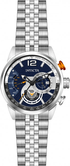 Invicta Men's Aviator Silver tone with a textured blue dial. This model has orange accents in the chronograph and at the top button of the casing that controls the chronographs. markers spread across the dial, with an Arabic 12 at the 12 hour marker. date wheel is stationed at the 3 oclock.  