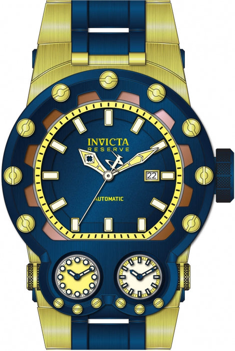 Invicta Men's Reserve Magnum Tria Automatic Blue and Gold toned model. Date wheel is placed at the three oclock marker, 2 sub dialed clocks placed at the base of the dial, with stems on each side to controls the dials that can be used for alternate timezones. Automatic piece that runs off the movement of the wrist. 