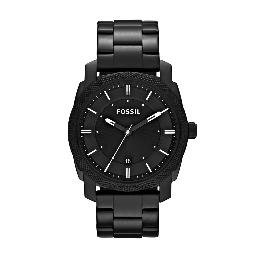This bold, all black ensemble is eye catching and demands respect. The black stainless steel bracelet attaches to the large case and textured bezel of the watch. The face is sectioned off by thick white hour markers and white tipped hands.