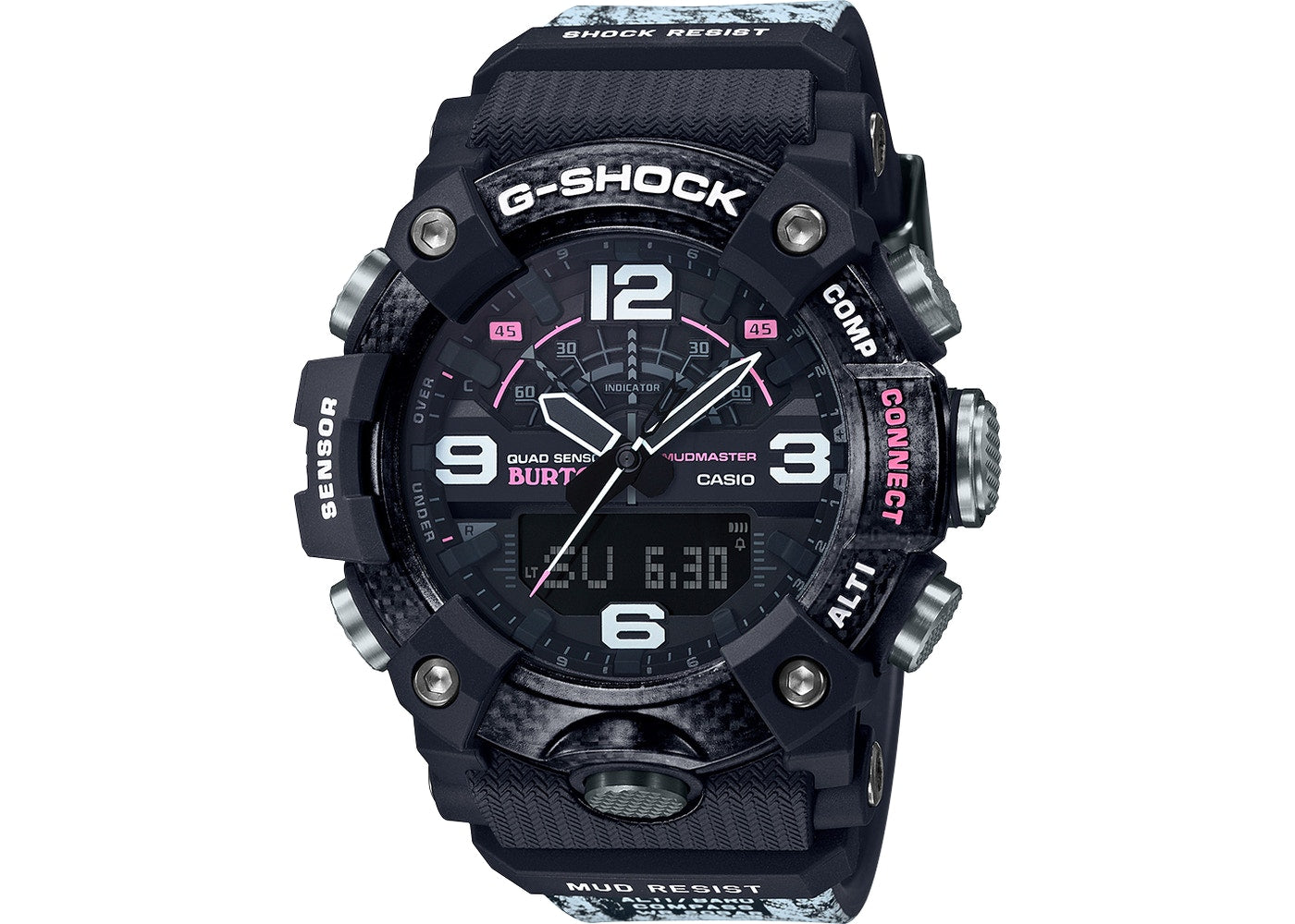 The bold design of this G-Shock has many prominent features such as the large gray front and side buttons, black and silver outlined hands, large numerals, and unique band. The watch is mainly black with some stylish pattern on the case and purple/pink accents within the face.