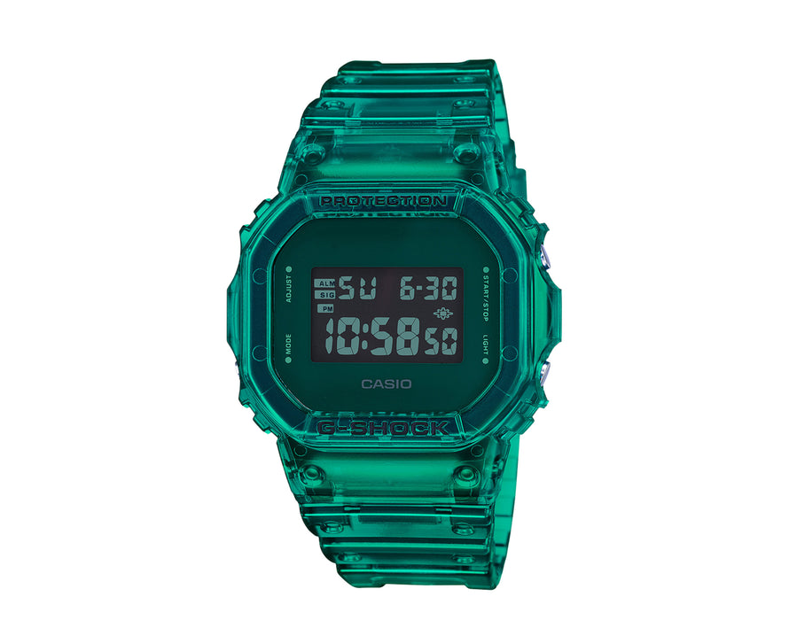 This watch features a translucent teal resin band and case with a matching face that frames a rectangular digital time display as well as the day date. This simple design balances out the vibrant color for a quirky timepiece.
