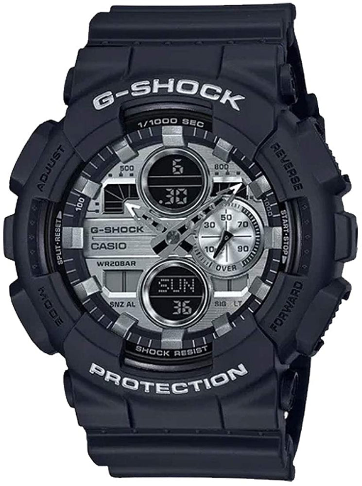 This digital analog combination timepiece is also bicolor. The matte black finish of the resin band and case is contrasted by the silver face with multiple dial displays and matching silver hands.