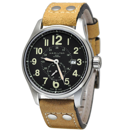 Featuring the bold numerals on a black dial framed by the stainless steel case, the Hamilton Khaki Field Officer commands attention while the beige cow leather strap creates a more casual feel.