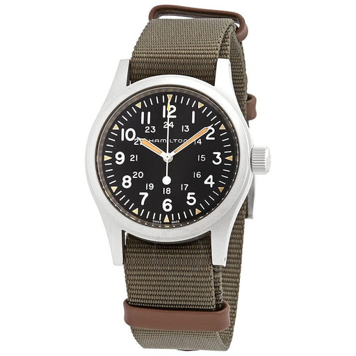 This multifaceted watch built for the true soldier is a testament to Hamilton's military roots and utilitarian style. The black dial with bold numerics and three hands framed by the silver stainless steel case is durably fastened to the green and brown two tone NATO band. A fashionably well executed watch that is built to last and represent the core integrity of its wearer.