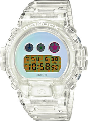 This is an entirely unique watch aside from the distinctive G-Shock shape and ridged band. The translucent white resin band and case frame the pastel face with tricolor dials and a quirky digital time display.