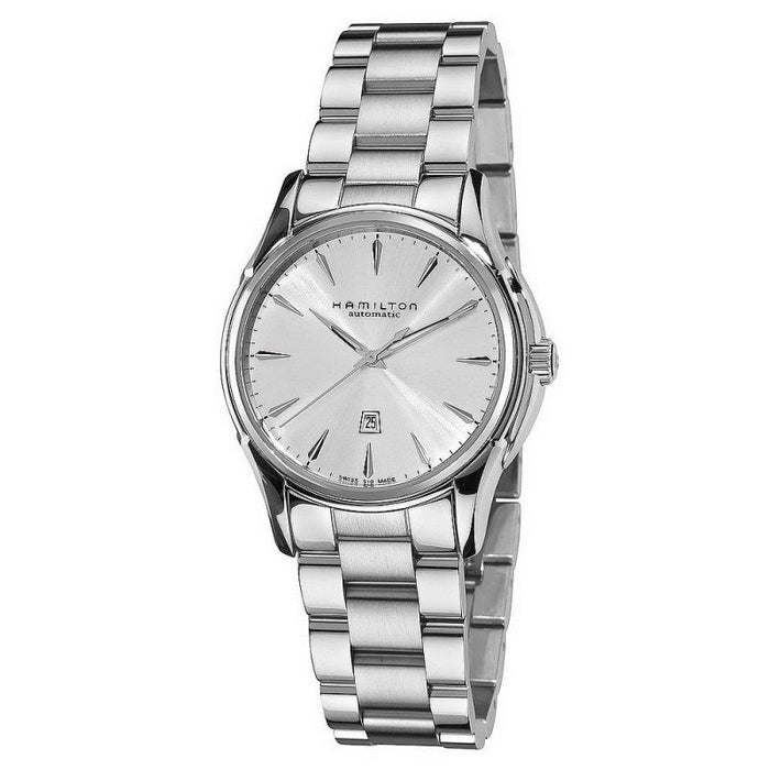 Featured is the Hamilton Jazzmaster Lady Auto H32315152 with its silver link band, stainless steel case, and silver dial offering a sleek monochromatic look and a contemporary Hamilton design.