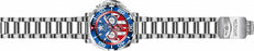 Men's Invicta Captain America Watch. Dial designed after the signature markings of that of captain america's uniform. The divers style bezel in a beautiful shade of bright blue accents the shiny stainless steel band. Working chronographs sit at the 3, 6 and 9 oclock markers, made functional by the buttons located above and below the stem and crown on the right side of the bezel. 