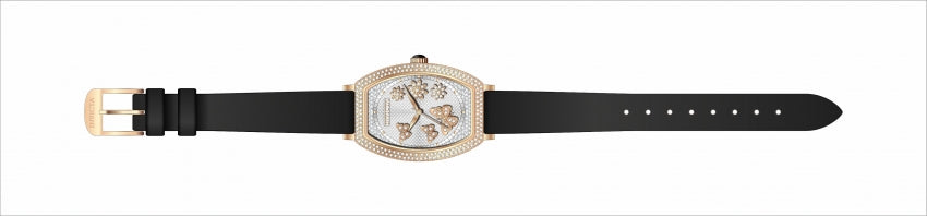 Ladies Quartz Wildflower Rose IP Case Black Satin Band. Rose gold pvd casing adorned with stones and beautiful artwork of wildflowers and butterflies. This watch is accompanied by a black satin strap with a rose gold buckle and rose gold hands.