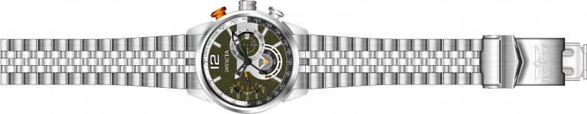 Invicta Men's Aviator Silver tone with a textured green dial. This model has orange accents in the chronograph and at the top button of the casing that controls the chronographs. markers spread across the dial, with an Arabic 12 at the 12 hour marker. date wheel is stationed at the 3 oclock.  