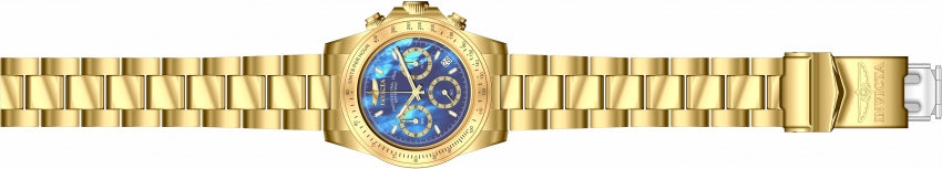 Men's Connection Invicta watch has a blue mother of peral dial and rests on a gold colored stainless steel band. Accompanied by a divers style bezel, rotating chronographs, gold marks and subdials, date wheel in between the four and five o'clock markers and a screw down crown for maximum water resistance. 