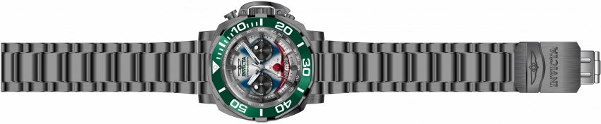 Men's Invicta Joker Watch, Details of the characters iconic face and rotating green divers style bezel stands out among the rest. A dark grey Stainless steel band and casing shows off the details of the dial more vibrantly. The stem and crown has a protective cover to ensure the water resistance of this watch accompanied by working chronograph features of the characters eyes on the dial. 