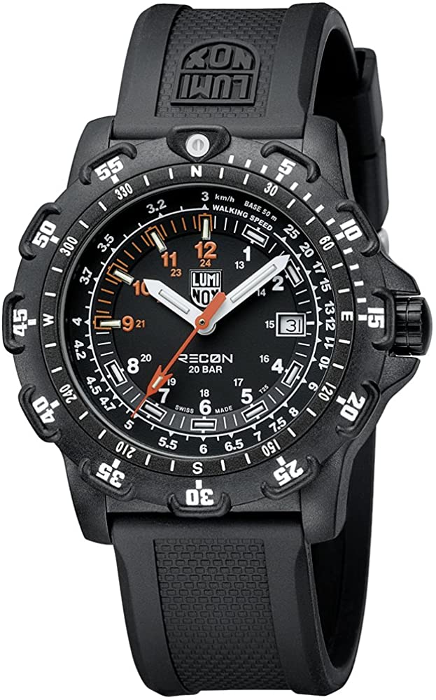 The black textured strap matches the rugged theme of the face that features ridges around the second numerals as well as a plethora of data within the other dials of the watches. The bright white hands contrast the mostly black face with white numerals and markers and some orange accents. In darkness, the hands and hour markers illuminate for maximum visibility.